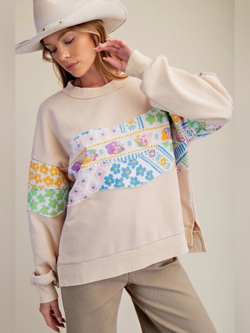 Easel Ling Sleeve Boho Embellished Sweatshirt
